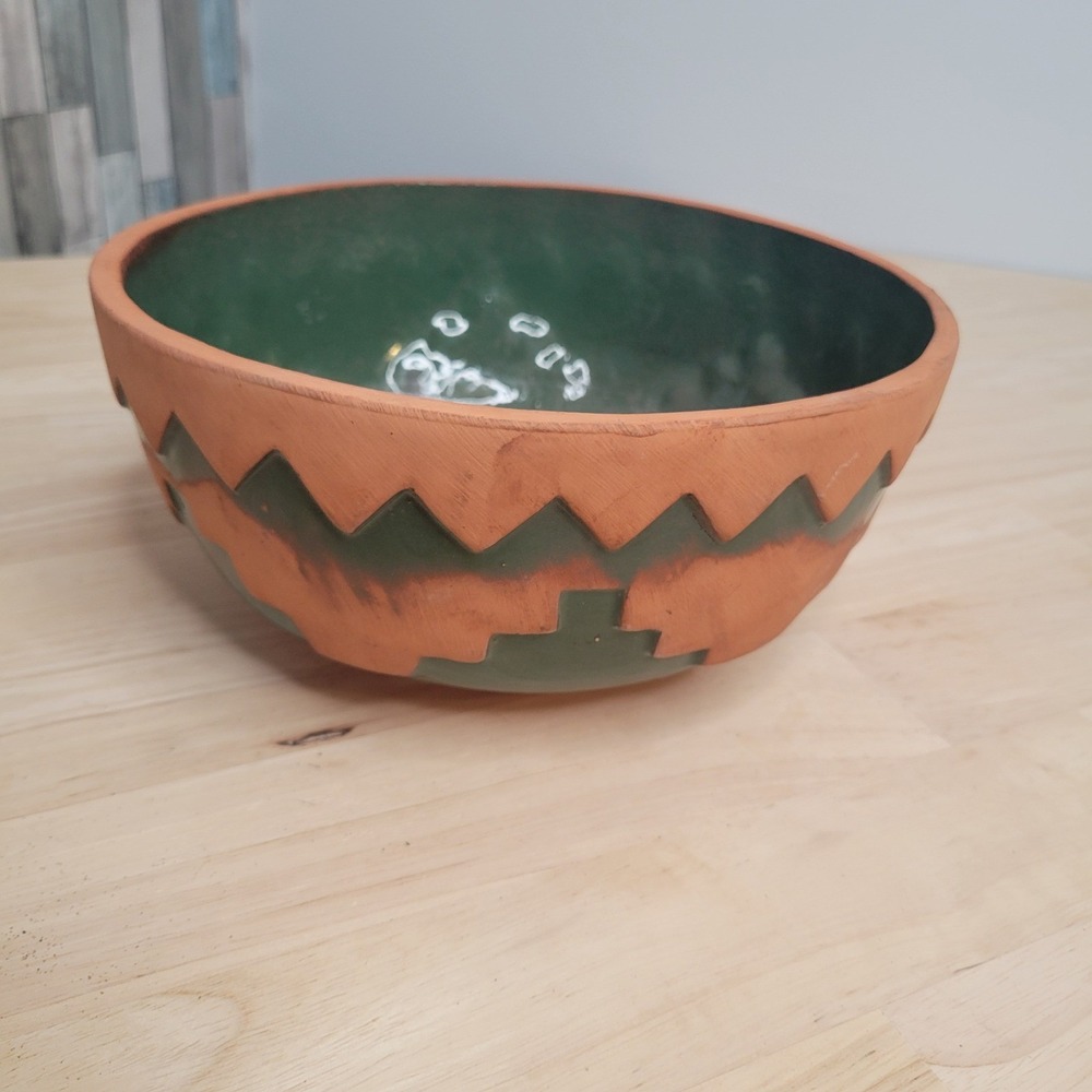 Vtg Hand Thrown Studio Pottery Bowl Southwest Geometric Green Terracotta USA TCC